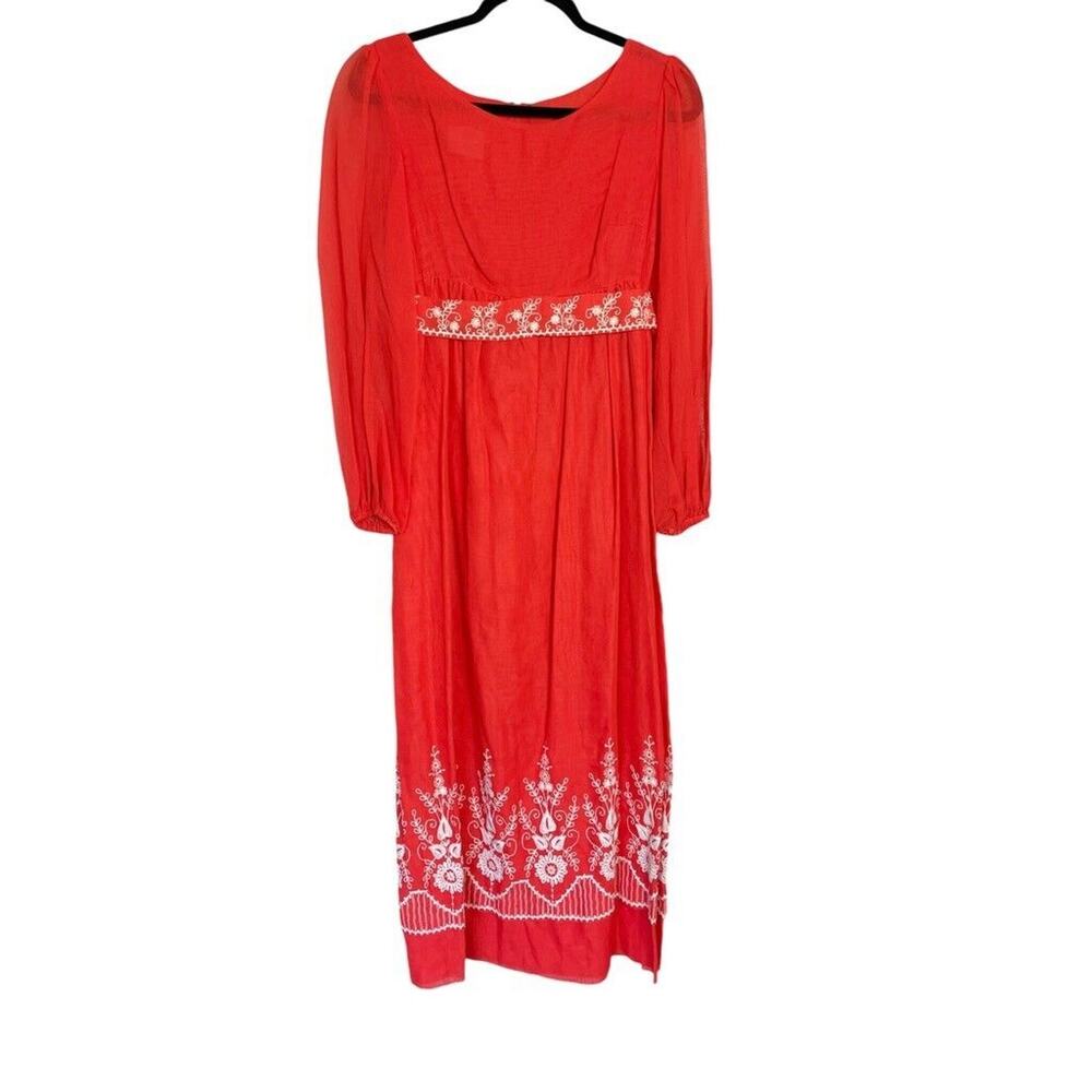 Vintage 1970s Poppy Orange Red Gauzy Maxi Dress Long Sleeve Sheer Embroidered